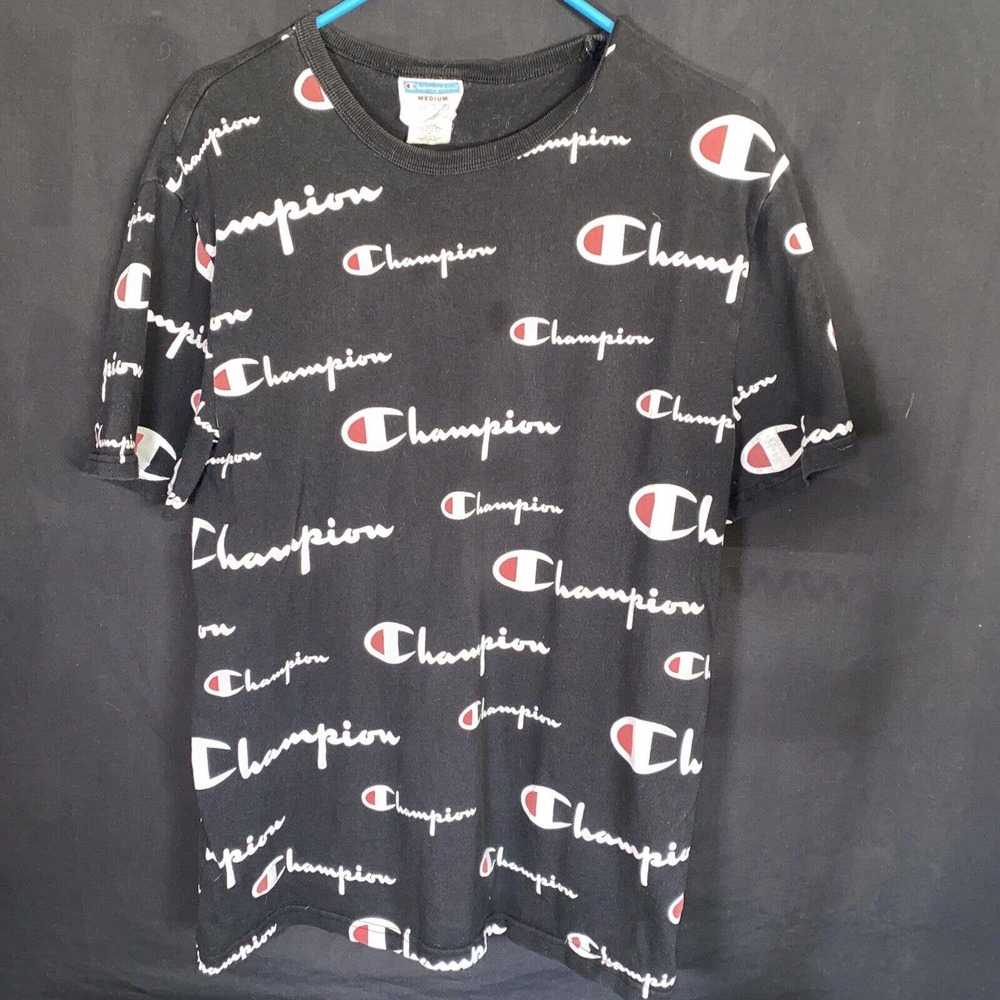 Vintage Champion All Over Print Black Shirt Size Medium 100 % Cotton